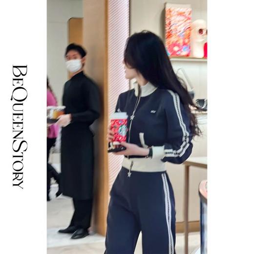 BeQueenStory【魅力出街】320g加绒烫钻撞色收腰直筒裤休闲显瘦套装 商品图3