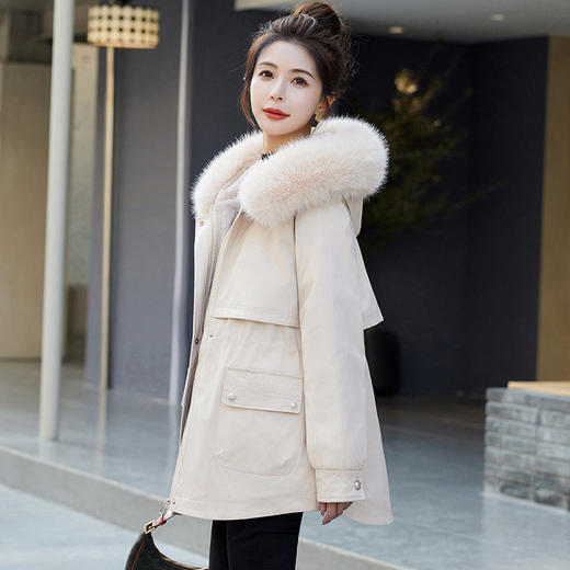 HRWA35209 宽松显瘦派克服女2023冬上新加厚加绒连帽防风拼接外套可拆卸毛领 商品图0