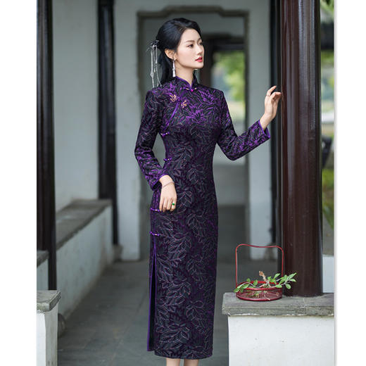 植绒加绒长款七分袖旗袍2023冬新款复古中国风改良中式旗袍GX 商品图4