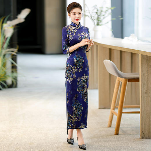 花萝藏蓝玫瑰真丝旗袍桑蚕丝WX-Z11 商品图4