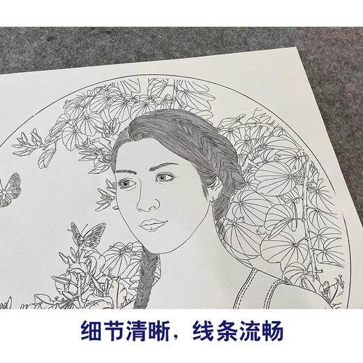【大彩图】盘虎杰工笔画白描底稿圆形小品《花弄影》现代人物高清打印稿HJ28 商品图4