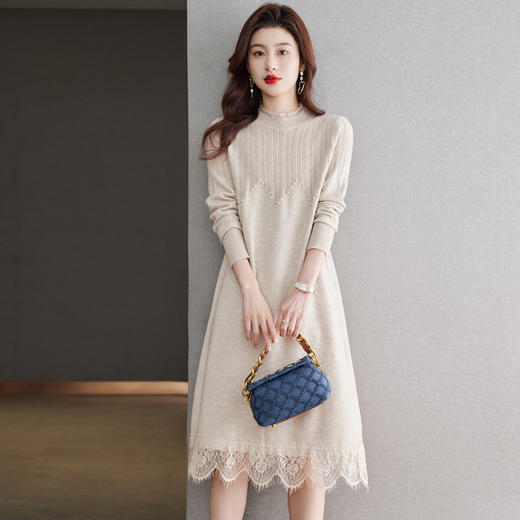 蕾丝拼接针织连衣裙，气质内搭长款打底毛衣裙CC-QL-W8380 商品图1