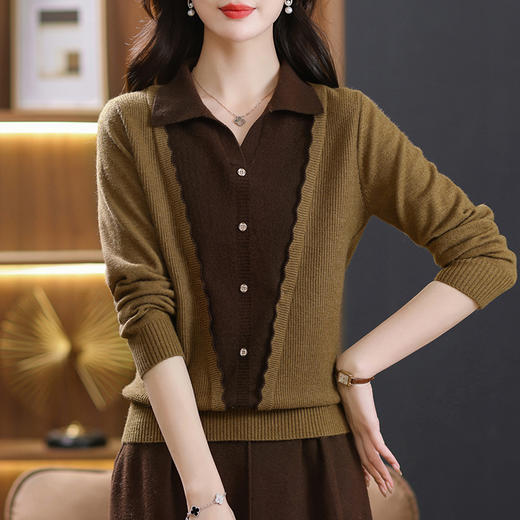YY028-5380秋装假两件撞色拼接针织衫女翻领上衣2023新款春秋外搭洋气毛衣女 商品图2