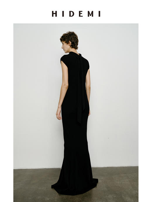 HIDEMI 澳洲美利奴羊毛弹力显瘦收身设计感围巾系带式连衣裙长裙 商品图4