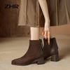 ZHR复古绒面粗跟短靴女2023新款加绒保暖法式小短靴瘦瘦靴后拉链 商品缩略图6