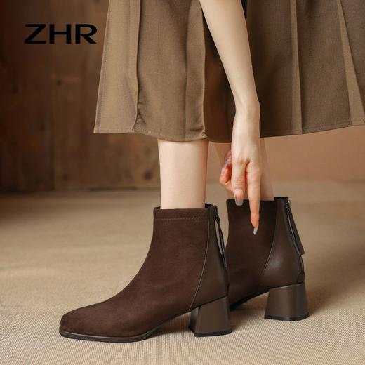 ZHR复古绒面粗跟短靴女2023新款加绒保暖法式小短靴瘦瘦靴后拉链 商品图6