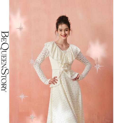 BeQueenStory【仙女座】温柔气质磨毛蕾丝长款荷叶领修身A摆连衣裙 商品图0
