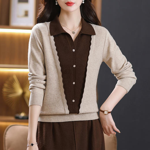YY028-5380秋装假两件撞色拼接针织衫女翻领上衣2023新款春秋外搭洋气毛衣女 商品图0