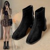 ZHR复古绒面粗跟短靴女2023新款加绒保暖法式小短靴瘦瘦靴后拉链 商品缩略图0