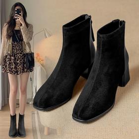 ZHR复古绒面粗跟短靴女2023新款加绒保暖法式小短靴瘦瘦靴后拉链