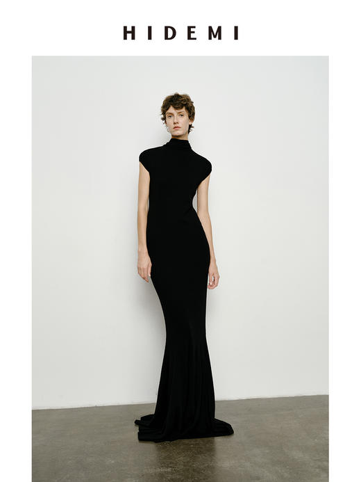 HIDEMI 澳洲美利奴羊毛弹力显瘦收身设计感围巾系带式连衣裙长裙 商品图1