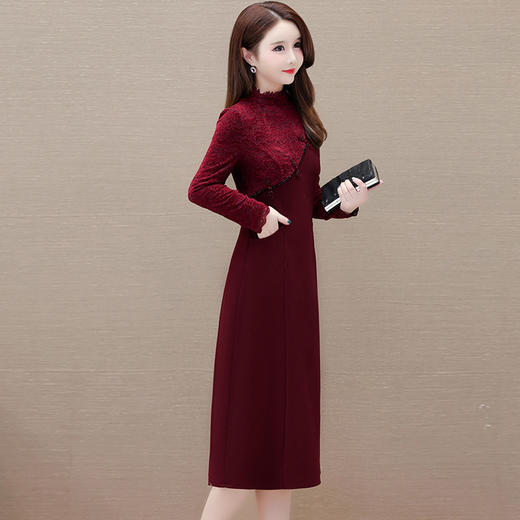 国风优雅，蕾丝拼接时尚连衣裙秋冬款半高领长袖洋气内搭打底裙QYM-XQD-53B61-L 商品图2