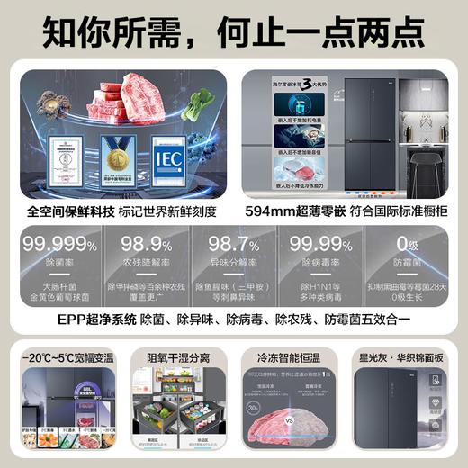 海尔冰箱518L超薄零嵌式十字对开门四开门T型全空间保鲜干湿分储EPP净味除菌一级变频风冷无霜智能冰箱 518升星光灰+超薄零嵌+全空间保鲜+EPP超净BCD-518WGHTD1BGNU1 商品图1