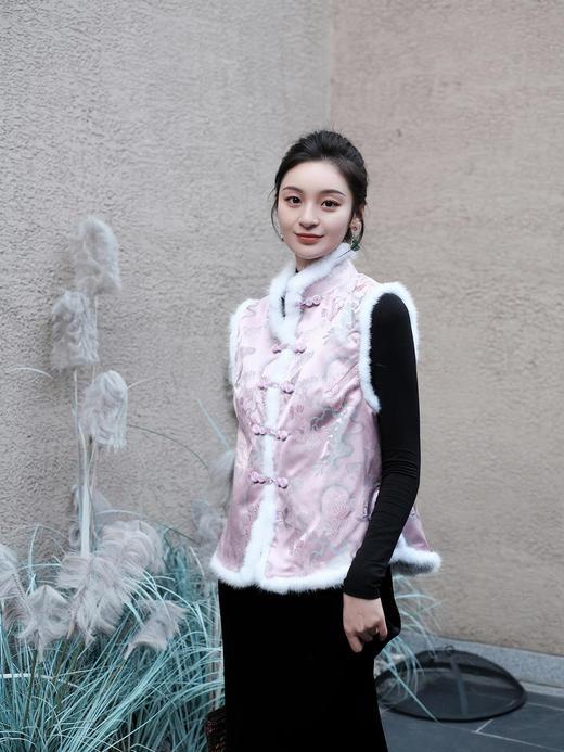 盛唐牡丹|宋锦闲云野鹤水貂毛马甲 (夹棉) 商品图0