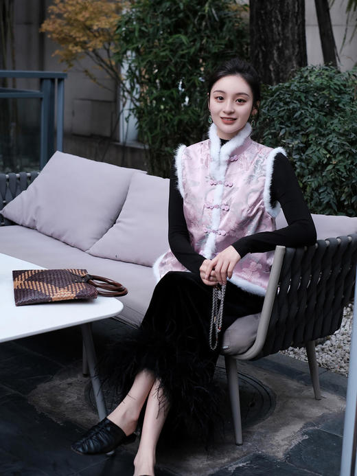 盛唐牡丹|宋锦闲云野鹤水貂毛马甲 (夹棉) 商品图6