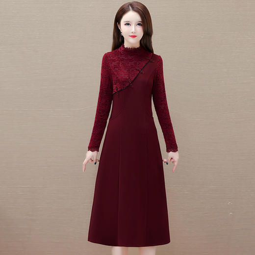 国风优雅，蕾丝拼接时尚连衣裙秋冬款半高领长袖洋气内搭打底裙QYM-XQD-53B61-L 商品图0