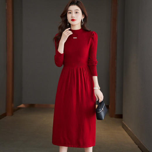 法式泡泡袖针织连衣裙，女秋冬新款小个子内搭收腰打底毛衣裙CC-QL-W8379 商品图0