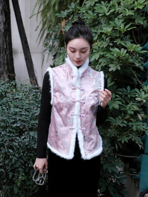 盛唐牡丹|宋锦闲云野鹤水貂毛马甲 (夹棉) 商品图2