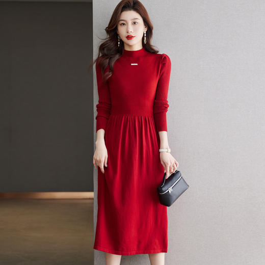 法式泡泡袖针织连衣裙，女秋冬新款小个子内搭收腰打底毛衣裙CC-QL-W8379 商品图2