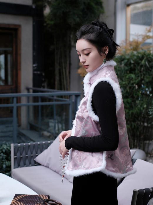 盛唐牡丹|宋锦闲云野鹤水貂毛马甲 (夹棉) 商品图5