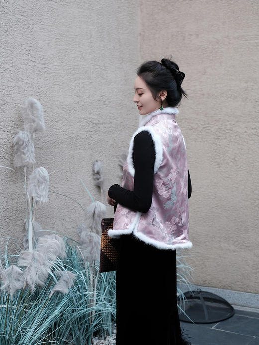 盛唐牡丹|宋锦闲云野鹤水貂毛马甲 (夹棉) 商品图8