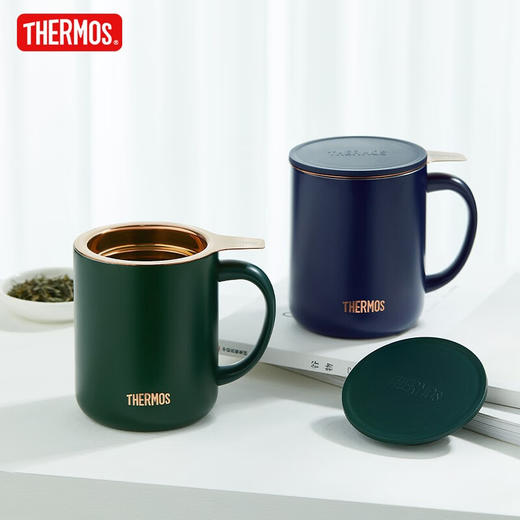 膳魔师（THERMOS）不锈钢茶漏把手杯商务办公保温咖啡杯泡茶简约马克杯 TEMC-400 玄黑 商品图1