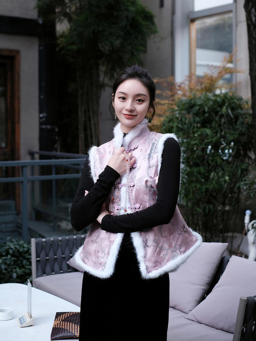 盛唐牡丹|宋锦闲云野鹤水貂毛马甲 (夹棉) 商品图12