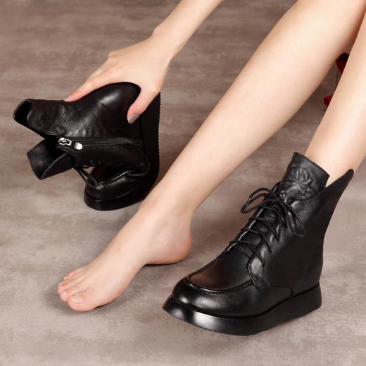 YY2695头层牛皮厚底内增高马丁靴圆头系带女靴春秋单靴软底短靴 商品图1