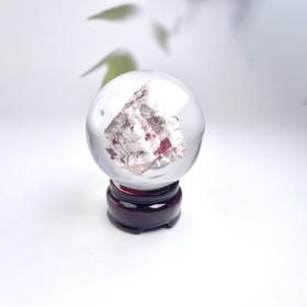 水晶球摆件-朱砂原石带木制底座