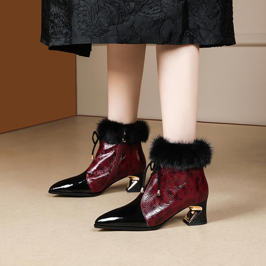 冬款粗跟貂毛头层牛皮冬季加绒短靴PLGZ-D115-8 商品图0