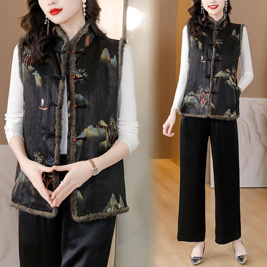 AHMolz1138 新中式复古仿水貂毛马甲女2023秋冬新款国风水墨印花盘扣背心外套 商品图0
