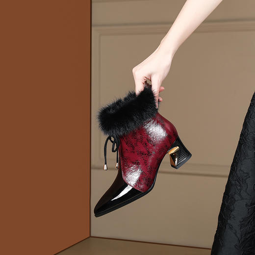 冬款粗跟貂毛头层牛皮冬季加绒短靴PLGZ-D115-8 商品图3