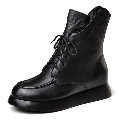 YY2695头层牛皮厚底内增高马丁靴圆头系带女靴春秋单靴软底短靴 商品图4