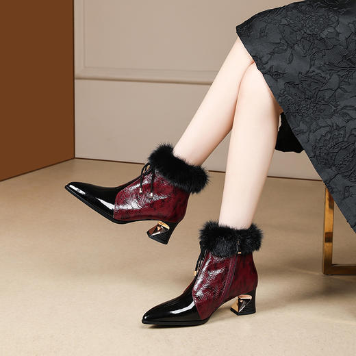冬款粗跟貂毛头层牛皮冬季加绒短靴PLGZ-D115-8 商品图5