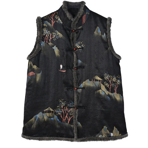 AHMolz1138 新中式复古仿水貂毛马甲女2023秋冬新款国风水墨印花盘扣背心外套 商品图4