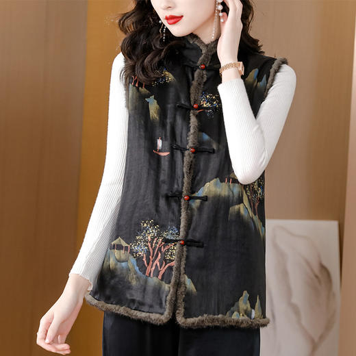 AHMolz1138 新中式复古仿水貂毛马甲女2023秋冬新款国风水墨印花盘扣背心外套 商品图1
