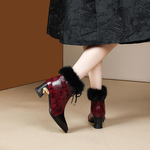 冬款粗跟貂毛头层牛皮冬季加绒短靴PLGZ-D115-8 商品图4