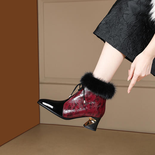 冬款粗跟貂毛头层牛皮冬季加绒短靴PLGZ-D115-8 商品图1