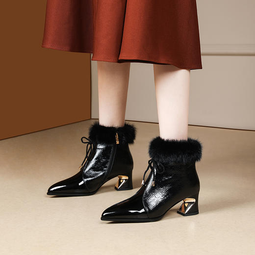 冬款粗跟貂毛头层牛皮冬季加绒短靴PLGZ-D115-8 商品图9