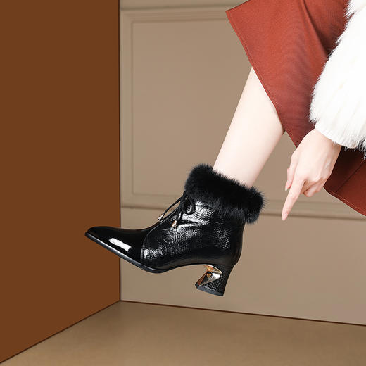 冬款粗跟貂毛头层牛皮冬季加绒短靴PLGZ-D115-8 商品图6