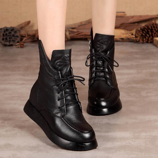YY2695头层牛皮厚底内增高马丁靴圆头系带女靴春秋单靴软底短靴 商品图0
