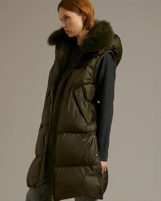 Yves Salomon - Down Coat Technical Fabric/Lg Hair Lamb - Hunter Green - 女装 - 羽绒大衣 - 墨绿 商品图1