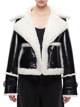 Shoreditch Ski Club - Leather Reva Shea Shearling Jacket - Black & White - 女装 - 夹克 - 黑白