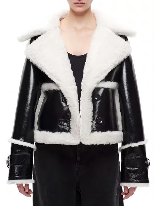 Shoreditch Ski Club - Leather Reva Shea Shearling Jacket - Black & White - 女装 - 夹克 - 黑白 商品图0