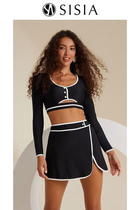 sisia新款泳衣女黑色长袖性感显瘦黑白撞色裙式分体温泉泳衣