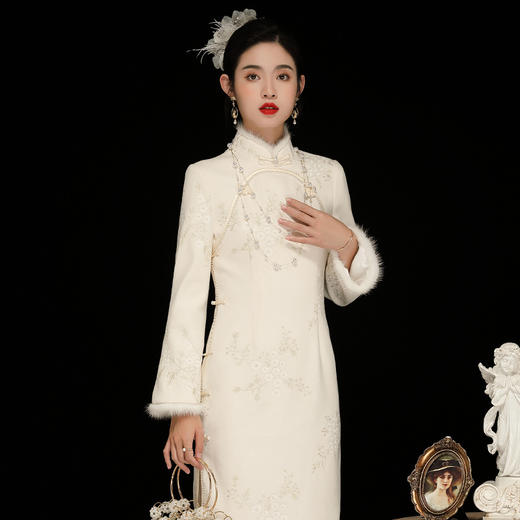 断码冬季毛呢刺绣日常改良加绒旗袍连衣裙OY-230378 商品图2