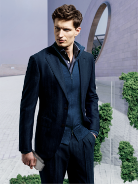 Stylbiella Super 120's 澳洲美丽诺羊毛精纺法兰绒牛仔蓝全麻衬套装