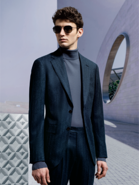 Stylbiella Super 120's 澳洲美丽诺羊毛精纺法兰绒牛仔蓝宽条纹全麻衬套装