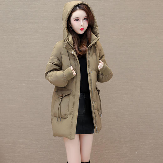 连帽保暖羽绒服，纯色中长款白鸭绒保暖外套QYM-LRX-MZ8923-Y 商品图1