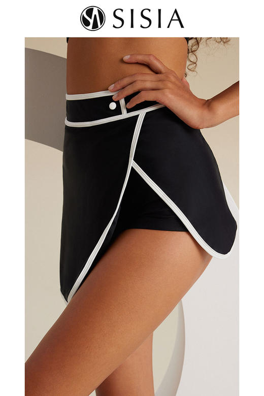 sisia新款泳衣女黑色长袖性感显瘦黑白撞色裙式分体温泉泳衣 商品图4